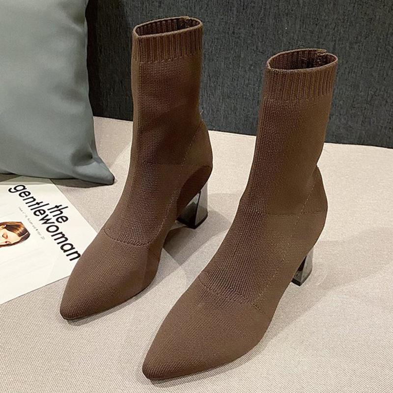 Fashion Fashion Pointed Toe High Heels Boots Women Breathable Mesh Socks Boots for Woman Autumn Winter Soft Solid Color Botas Ladies