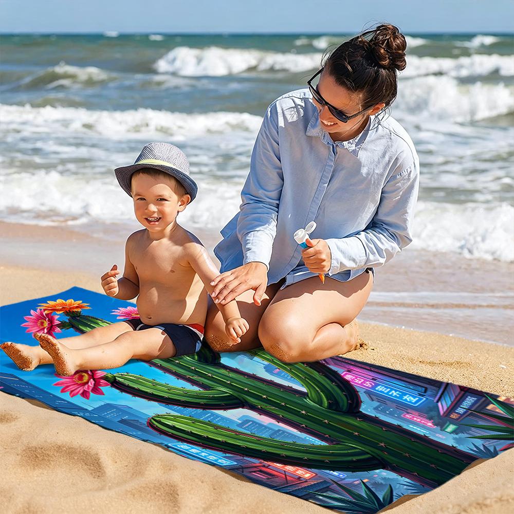 1pc Microfiber Beach Towel Cactus Flowers Neon City Beach Seaside Pool Equipment Suitable for Vacation Travel Pool Bath Swimming