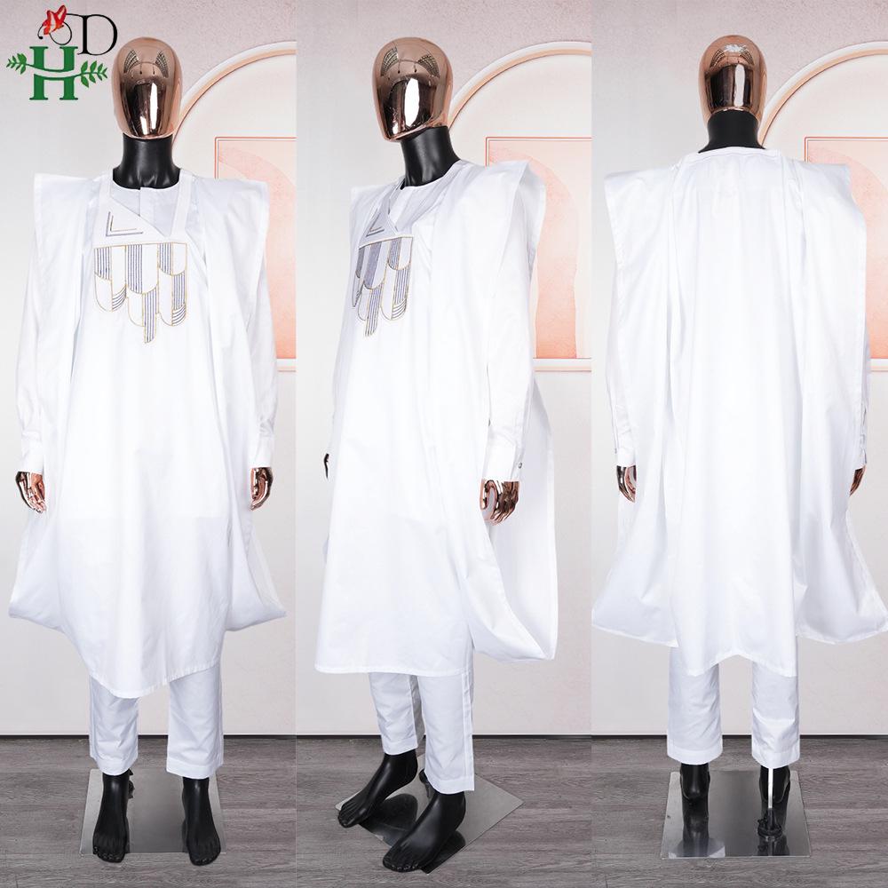 African Men's Traditional Three-Piece Set: Embroidered Robe, Pants, and Matte Cloth