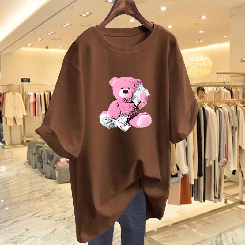 

Bear print cotton short-sleeved t-shirt for women s summer new loose round neck medium and long top for women XXXL