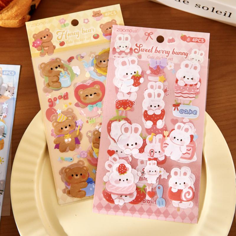 4 Sheets Cute Cartoon Bear Small Pattern Flat Stickers, Soft Cute Journal Decor, Diary DIY Collage Material