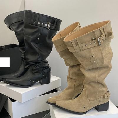 Fashion 2025 Retro Design Pleated Pointed Toe Buckle Strap Women Knee-High Boots Fashion Low Heels Shoes Autumn Long Botas De Mujer