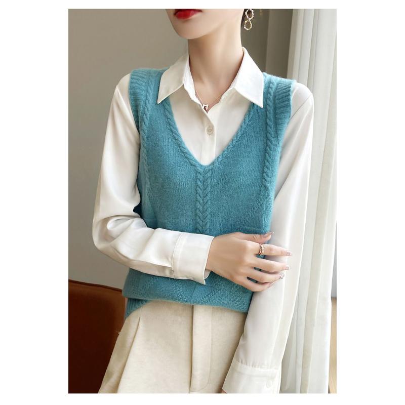 Women's New Spliced Pullover V-neck Fashionable Solid Color Versatile Casual Loose Sleeveless Vest Top