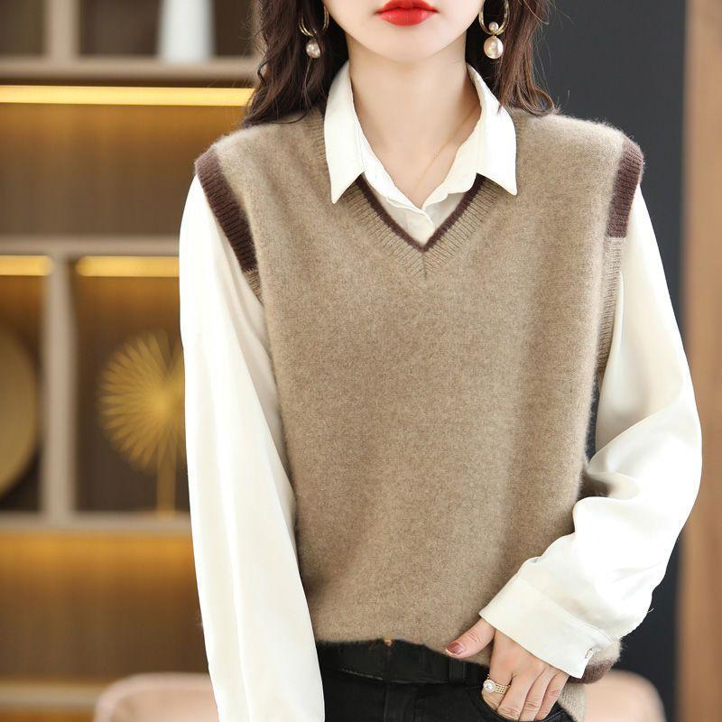 Solid Color V Neck Sweater Vest, Casual Sleeveless Knit Vest for Spring & Fall, Women's Clothing