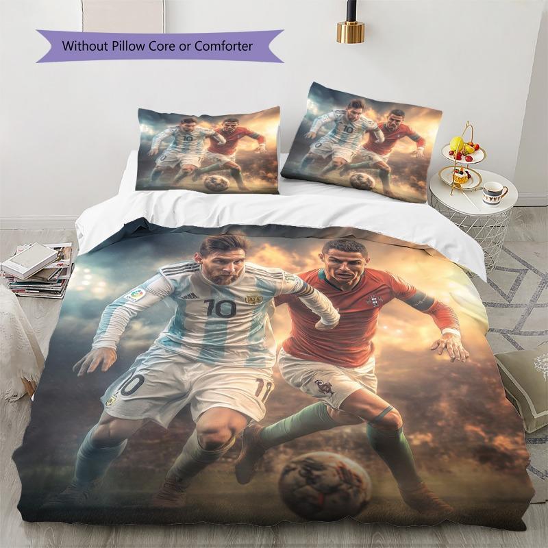 Messi Ronaldo 3pcs Duvet Cover Set, Football Star Print Bedding Set, Soft Microfiber Bed Cover with 2 Pillowcases for Soccer Fans Bedroom