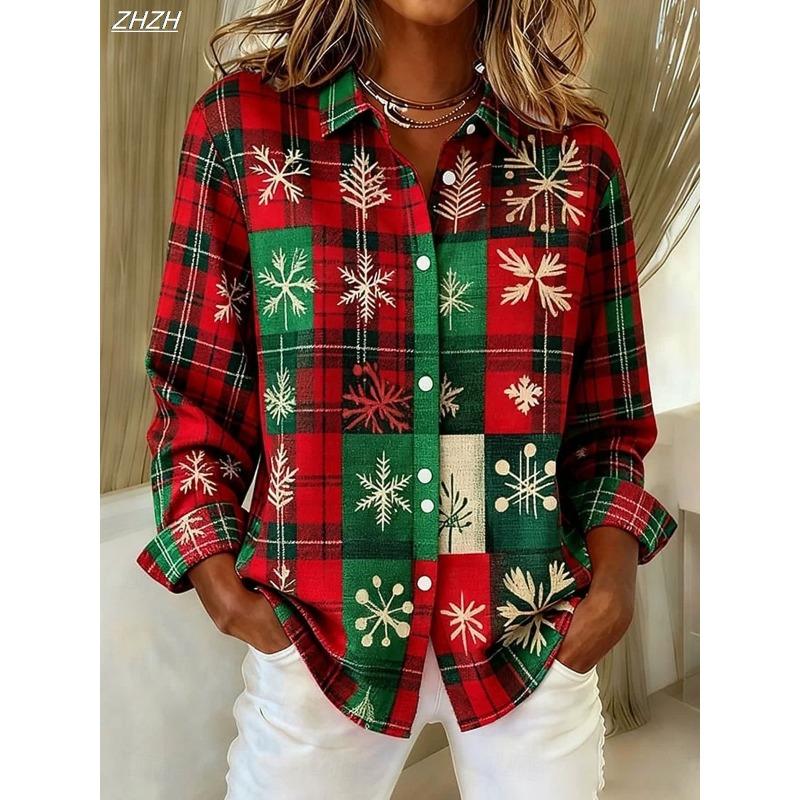 Christmas Women's Shirt Graphic Plaid Snowflake Elegant Vintage Tropical Long Sleeve Shirt Collar Regular Tops Daily Holiday