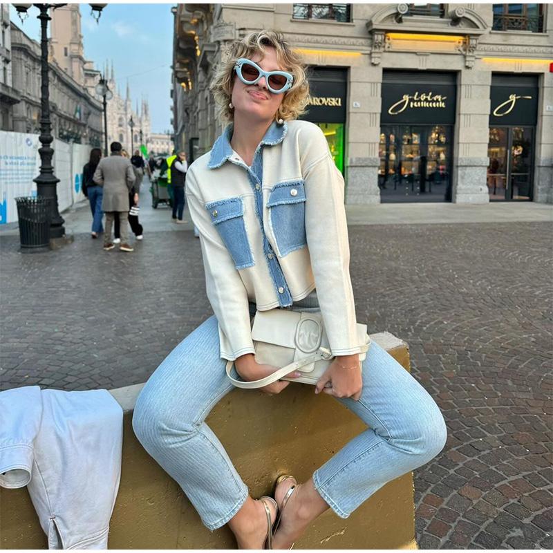 Y2k Women Denim Patchwork Jacket Coat Lapel Long Sleeves Jackets with Pockets Spring Casual Lady Denim Coats Designer Outwear Top