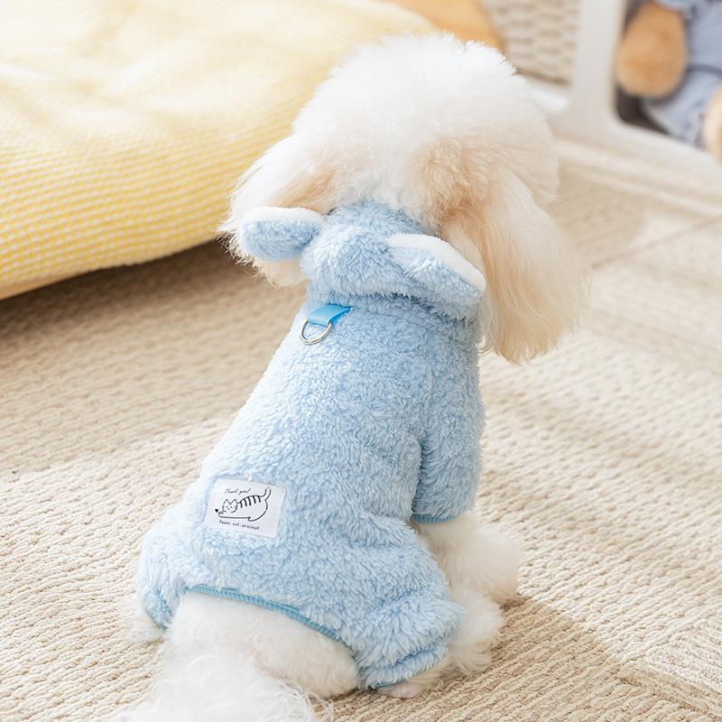 Autumn and Winter Dog Korean Version Cute Three-dimensional Bear Ears Traction Four-legged Fleece Coat Cat Warm Pet Dog Clothes