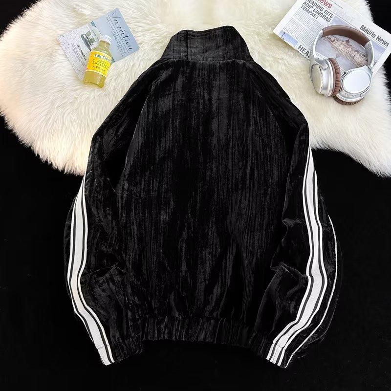 Jesienna Stylowa Bluza w Paski ze Złotego Weluru Dwuczęściowy Sportowy Garnitur dla Par dla Mężczyzn