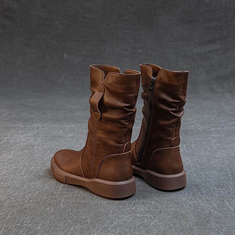 Stylish Women's Genuine Leather Mid-Calf Martin Boots - Versatile, Warm & Thick Soled for Autumn/Winter