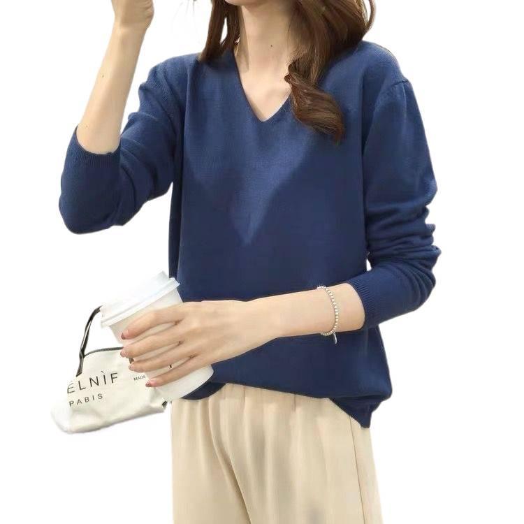 Women's V-Neck Knit Sweater: Large Size, Loose Fit, Slimming, Solid Color, Perfect for Early Autumn and Winter