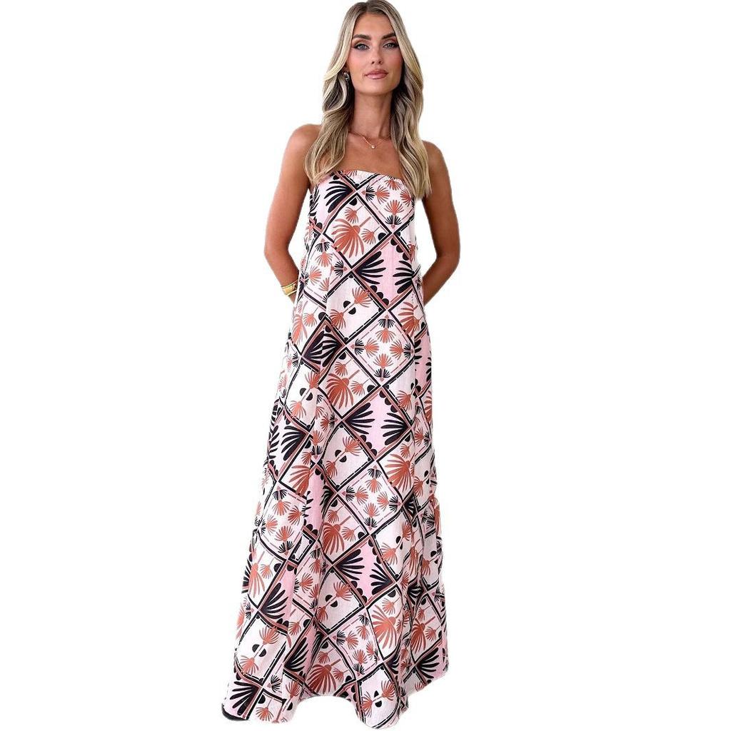 Women's Tube Top Beach Dress Floral Boho Strapless Maxi Summer Dresses Casual Off Shoulder Sleeveless High Waist Long Dresses for Women