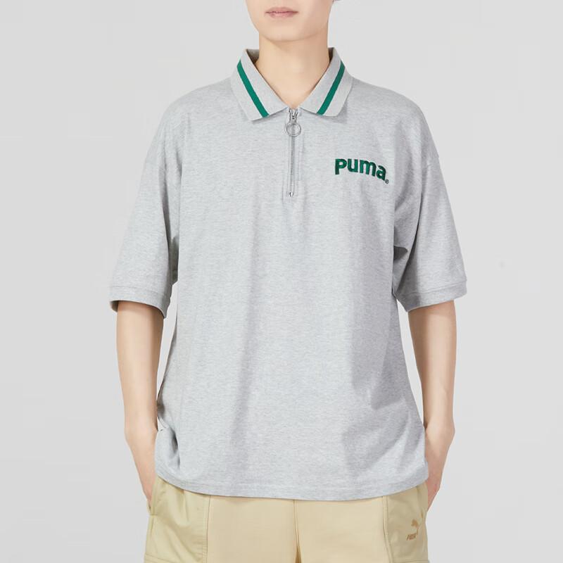 Puma Logo Print Zip-Up Short Sleeve Polo Shirt Men Tops Grey 622541-04