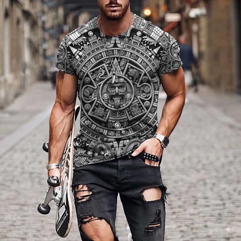 Summer Round Neck 3D Aztec Inspired Pattern Print Top Fashionable Casual Short Sleeved Men's T-shirts