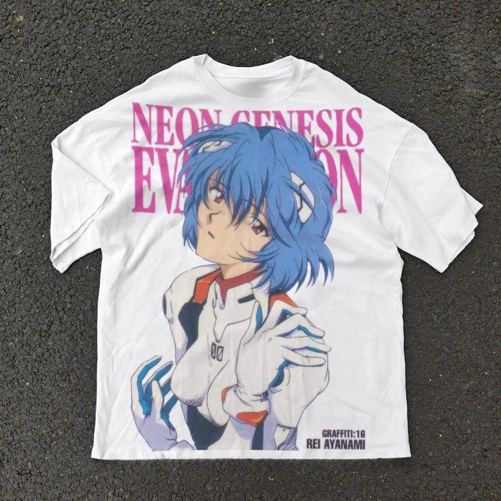 Evangelion Anime Rei Ayanami White DTG Printed Heavy Cotton TShirt Clothing Graphic Short Sleeve Shirt Unisex Women
