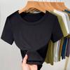 Women's Fashion Solid Color Threaded Short Sleeve T Shirt Big Round Neck Waist Top Inner Bottoming Shirt New