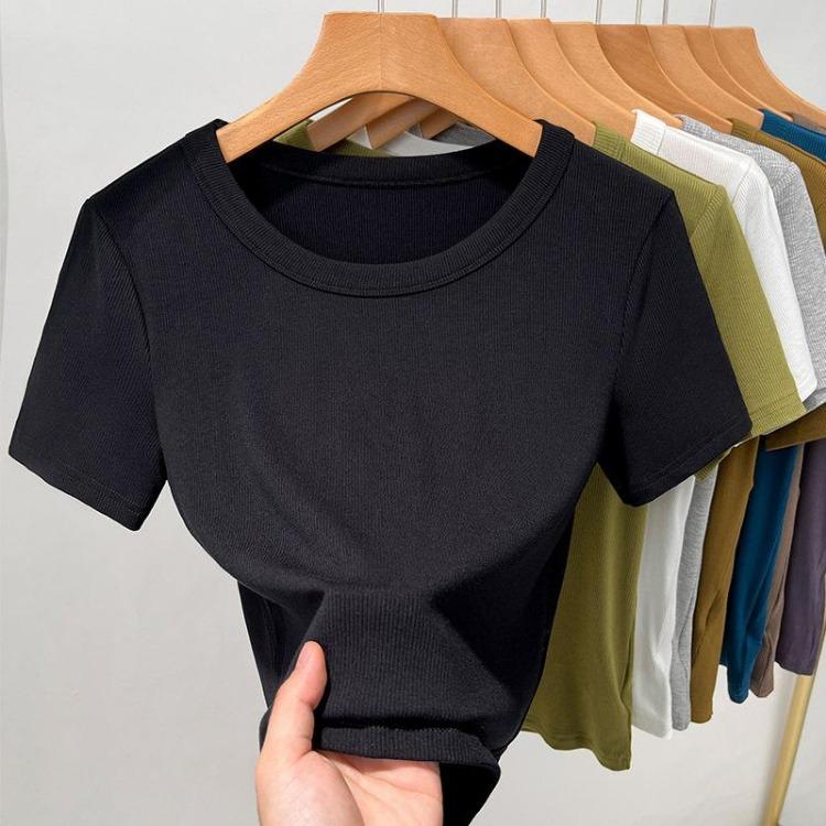 Women's Fashion Solid Color Threaded Short Sleeve T Shirt Big Round Neck Waist Top Inner Bottoming Shirt New