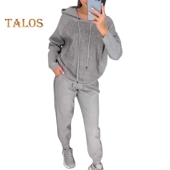 2 szt./zestaw damski bluza z kapturem spodnie garnitur kryształki dekoracyjne długie rękawy patchwork sportowa bluza spodnie z elastycznym pasem fitness strój jesień wiosna dres