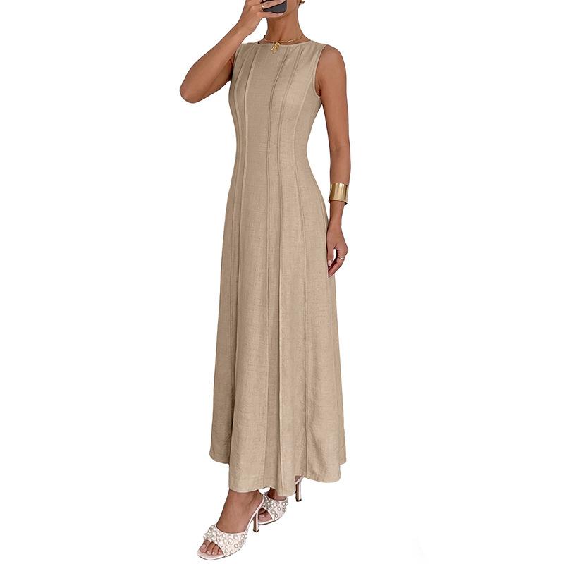 Women Sleeveless Round Neck Seam Detail Waist Cinch Maxi Dress Casual Summer Work Dress
