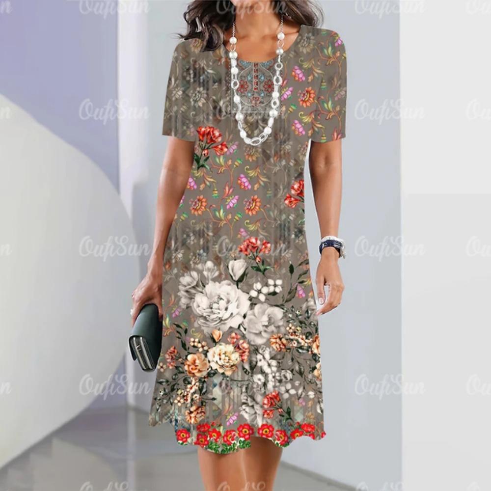 Letnie luźne i eleganckie ubrania damskie Kwiecista sukienka z krótkim rękawem Sukienka na imprezę wieczorową Okrągły dekolt Sweter Ubrania uliczne