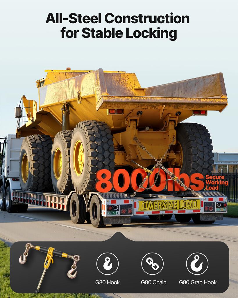VEVOR Ratchet Chain Binder, 8 Mm X 3 M G80 Chains, 3629 Kg Working Load of Ratchet Load Binder, Chains and Binders Set