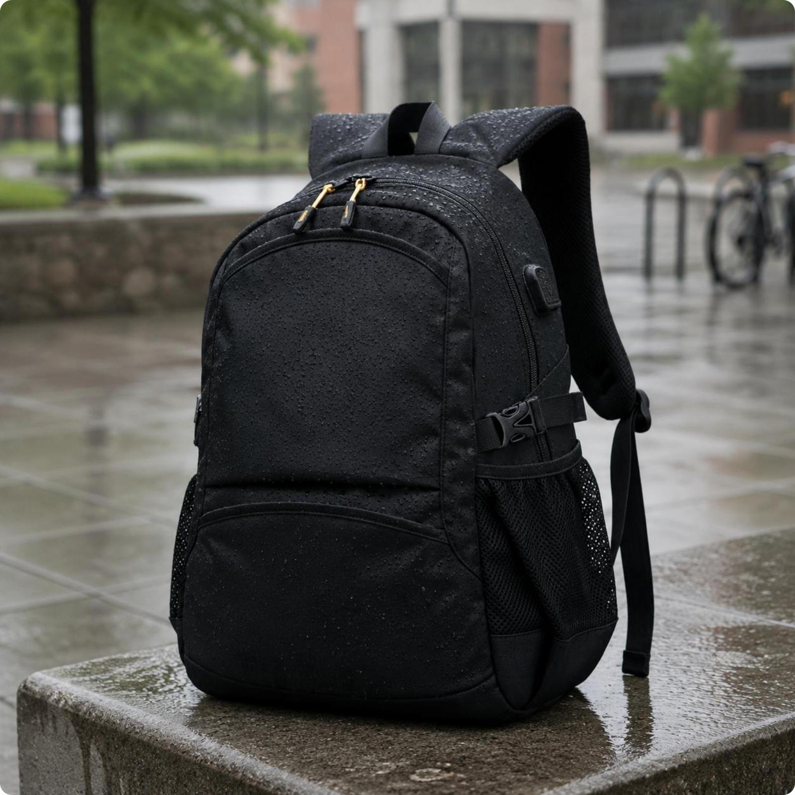 Black Backpack Mesh Pockets Rectangular Structured Daypack Black
