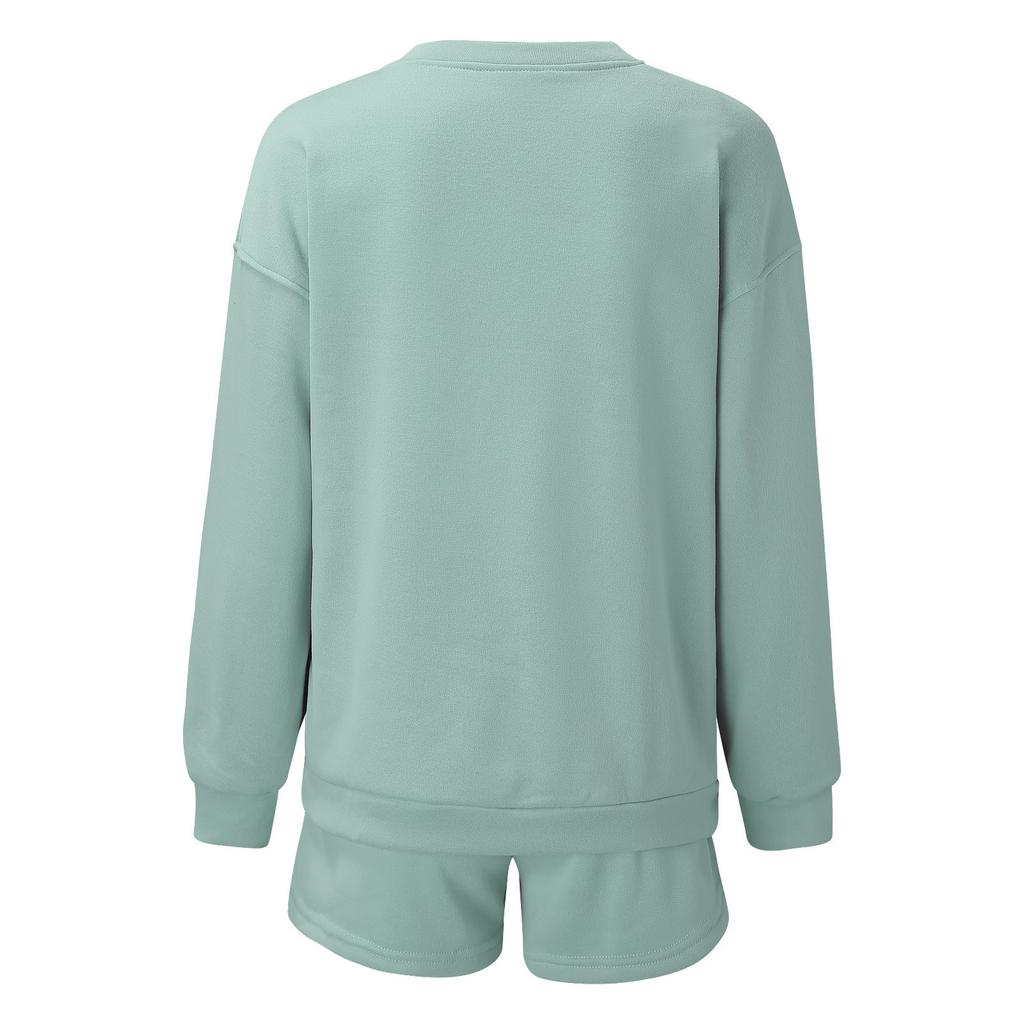 Women's Comfortable Casual Fashionable Solid Color Round Neck Sweatshirt Shorts Two-piece Set