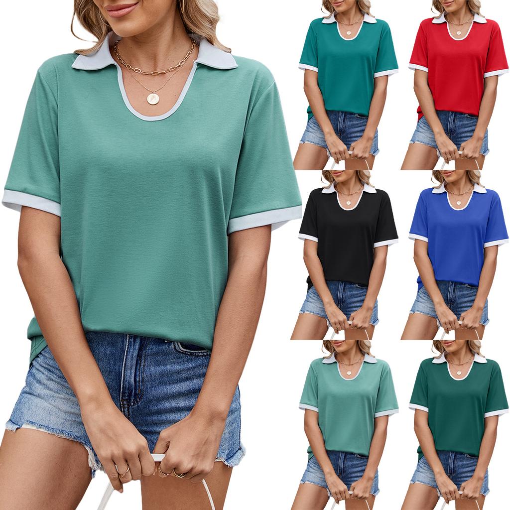 Frühling und Sommer Neue Farbblockierung Revers Kurzarm, Lockere T-Shirt Tops Damen