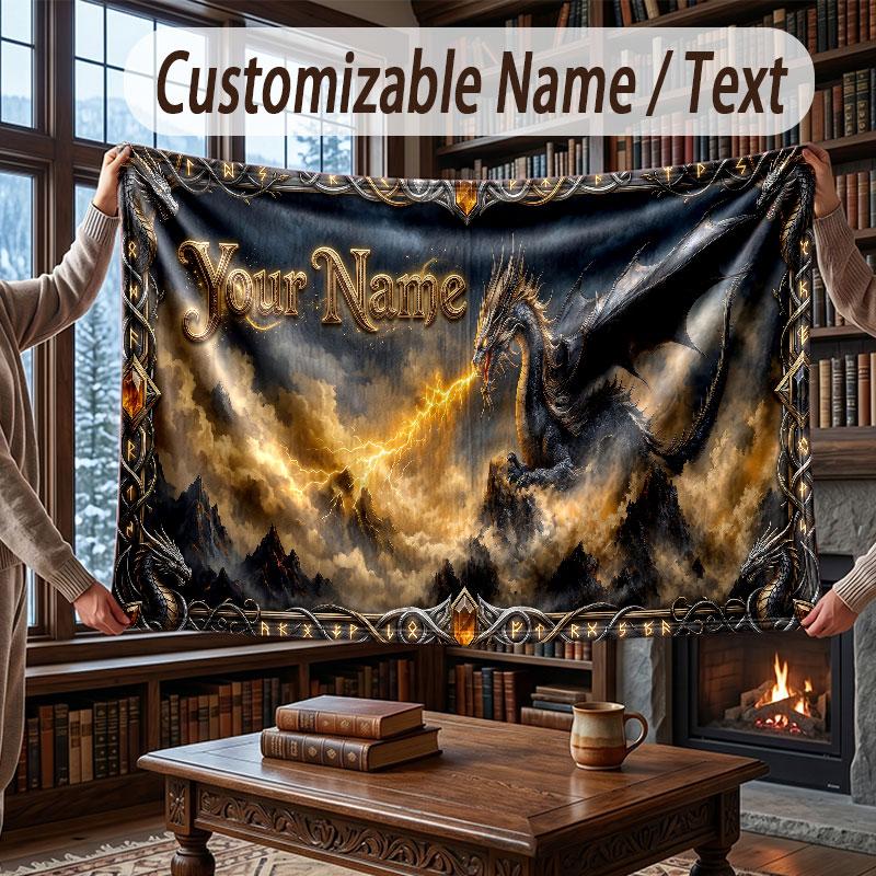 Dragon Theme Throw Blanket Custom Name Text Personalized Blanket Soft Cozy Blanket for Home Sofa Bed