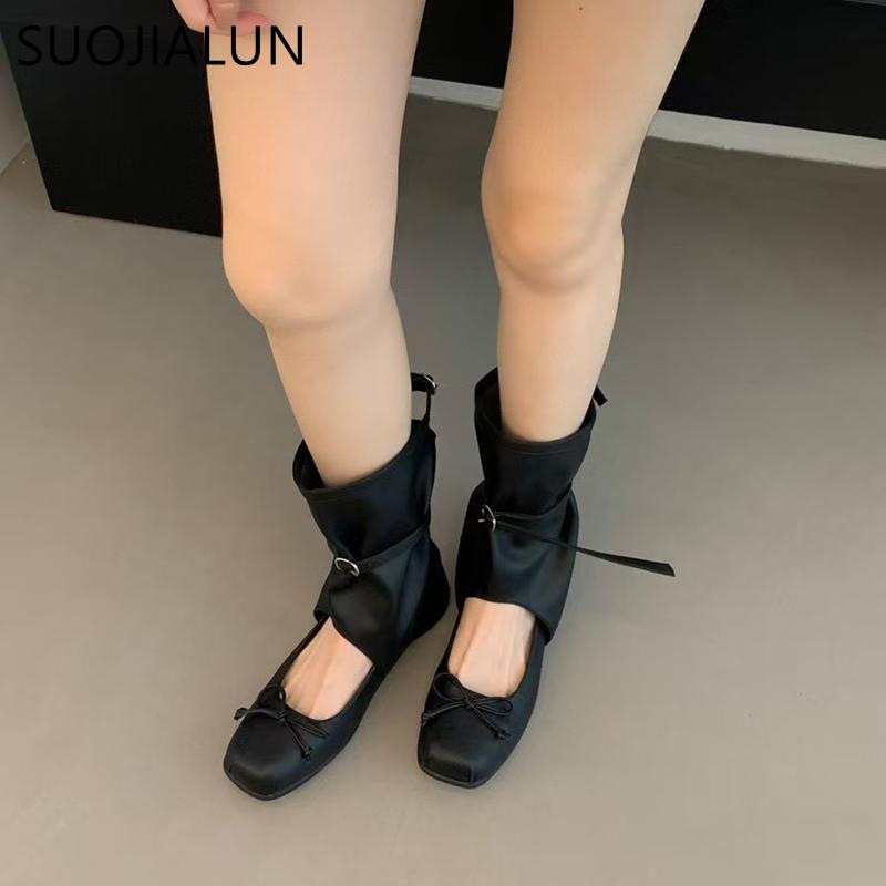 Fashion SUOJIALUN Autumn Women Medium Boots Round Toe Hollow Ladies Elegant Outdoor Dress Short Boots Flat Heel Outdoor Chelsea Boots