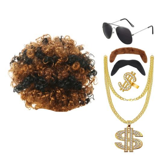 Wig Dress Up Set Necklace Ring Sunglasses Fake Moustache Vintage 80s Cosplay Party Disco Costume Photo Prop Performance Curly Wig
