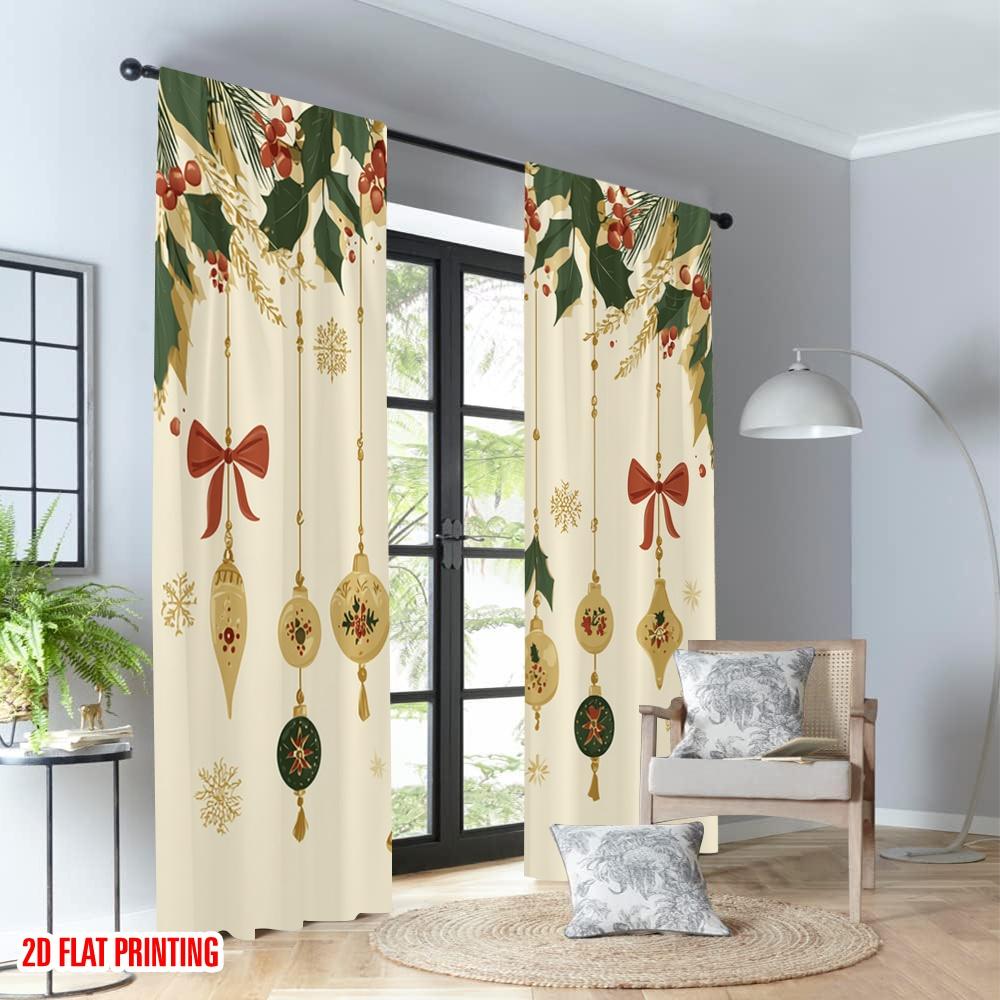 2pcs 2D flat printing Christmas Hot Party Curtains Christmas Holly Bells Ornaments Digital Printed Polyester Drapes Holiday