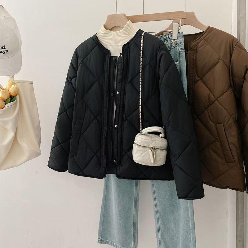 New Autumn and Winter Thin Down Cotton Jacket Collarless Rhombus Grid Small Slim Women's Jacket