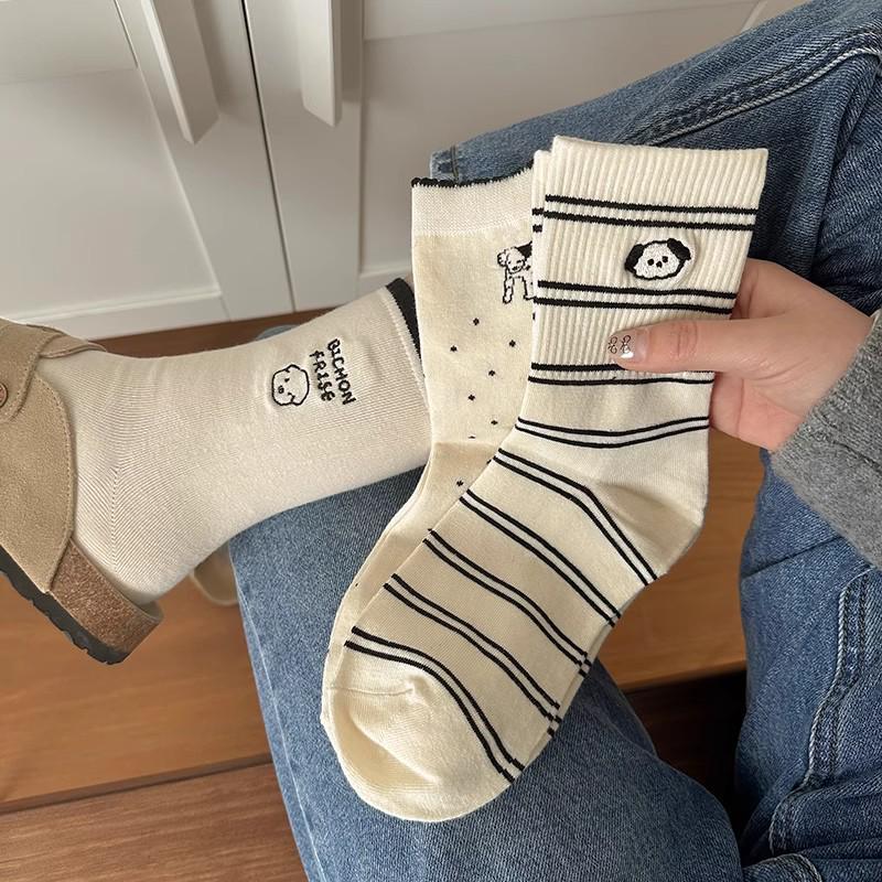 Atmungsaktive Baumwoll-Socken für Damen mit Cartoon-Hundemotiv, Wadenhöhe - Geruchshemmend & Weiches, aufgerautes Design