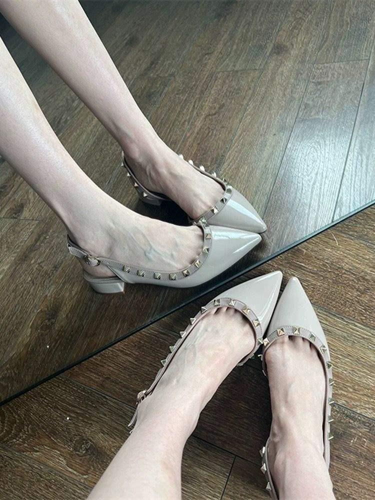 2025 Summer Nude Patent Leather Pointed Toe Chunky Heel Flats for Women