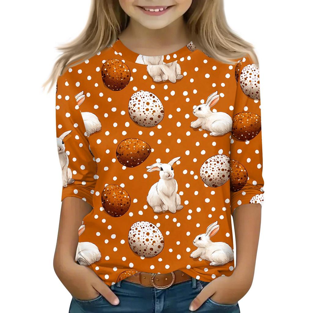 Children's 3/4 Sleeve Tops Casual Print T Shirt Round Neck Pullover Blouse