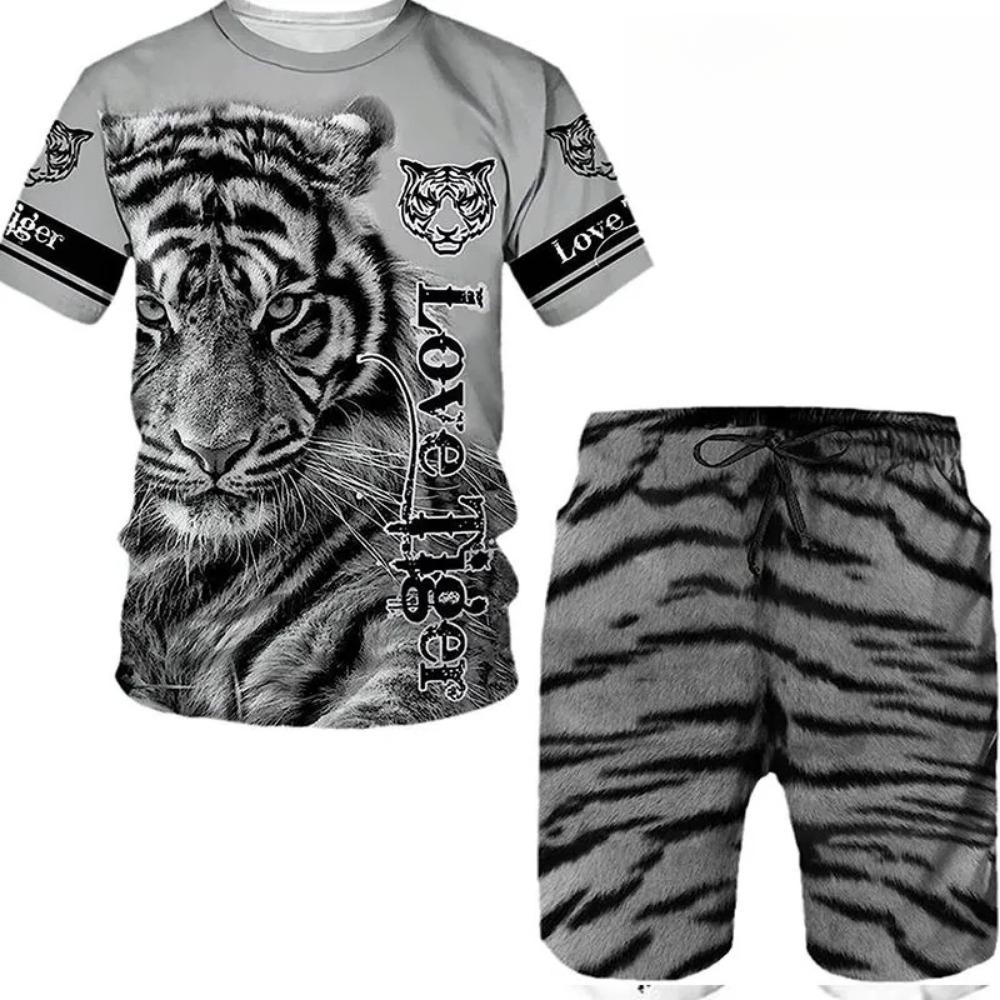 Summer Round Neck 3D Animal Printed Set Fashionable and Casual Short Sleeved Shorts Men's Sport Wear