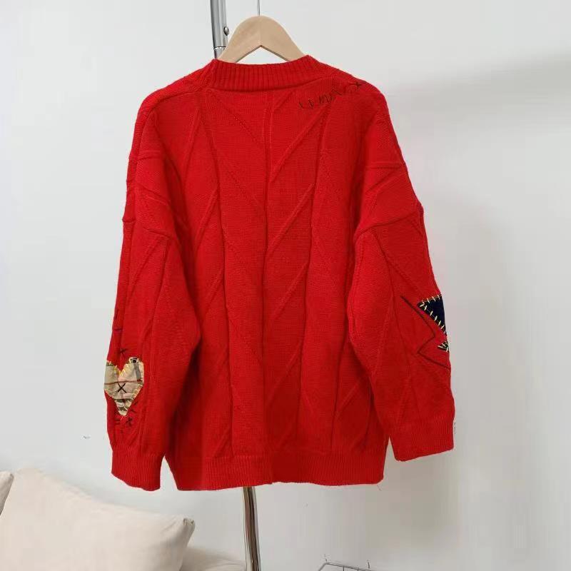 Korean Style Colorful Embroidered V-Neck Knit Sweater Coat for Women - Autumn/Winter