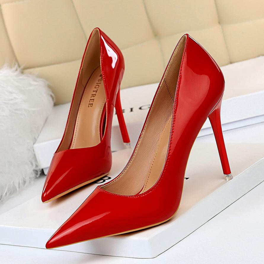 Spring Autumn Patent Leather Concise Women's Shoes Pointed Toe Office High Heels Pumps Women Sexy Party Wedding Shoes Shallow Nude Red
