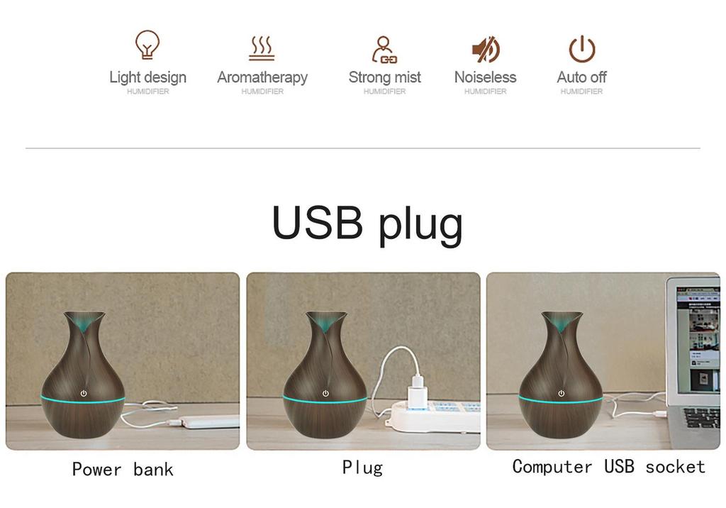 USB Wood Grain Vase Aroma Diffuser: Touch-Controlled, 7-Color Night Light, 5V Humidifier