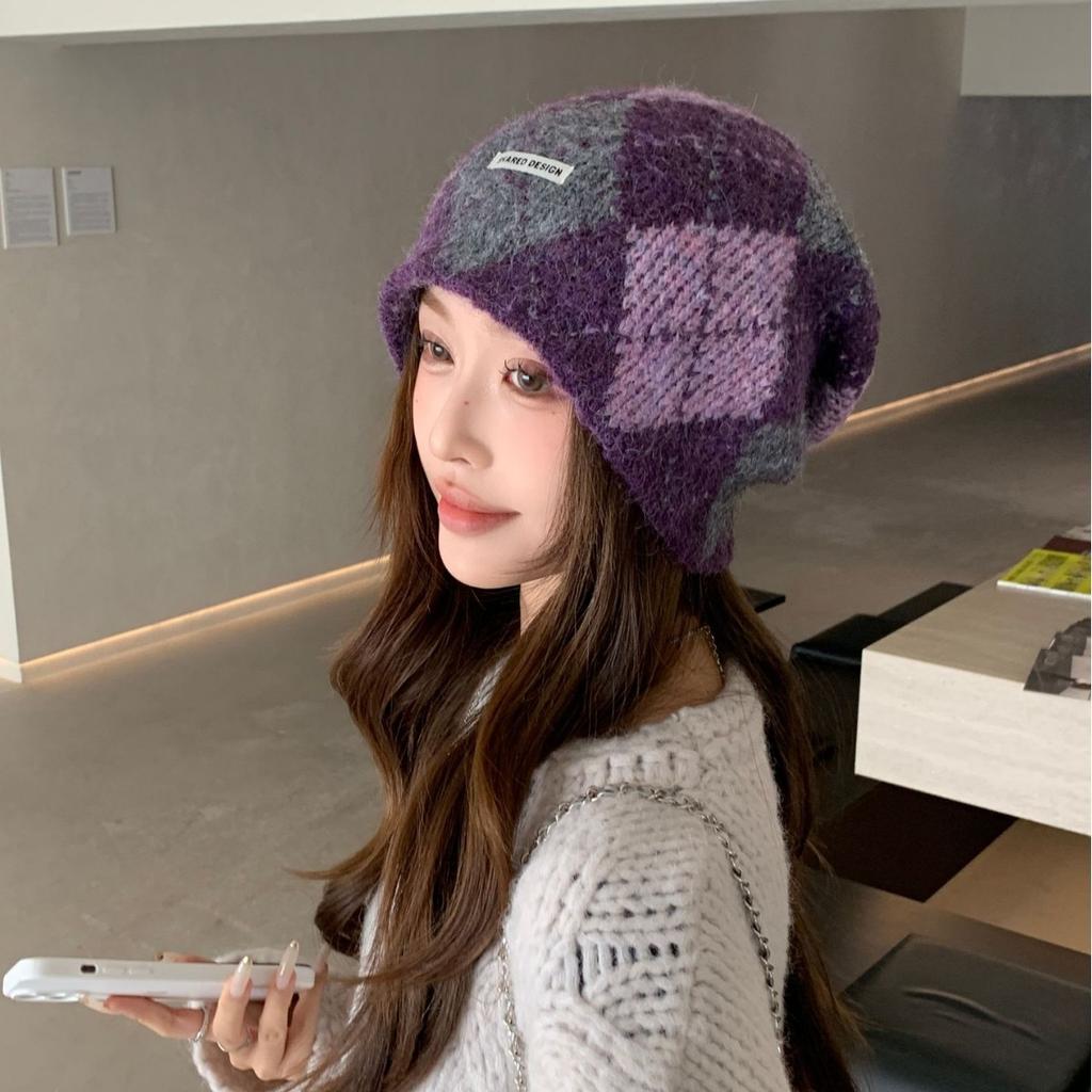 Japan and South Korea Classic Retro Rhombus Grid Color Matching Knitted Hat Japan and South Korea New Wool Hat Women's Versatile Fashion Casual Hat