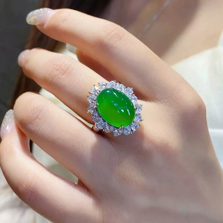 Natural Ice Transparent Green Chalcedony Agate Full Diamond Oval Ring Women's Retro Fashion Temperament Light Luxury Personality Versatile Ring