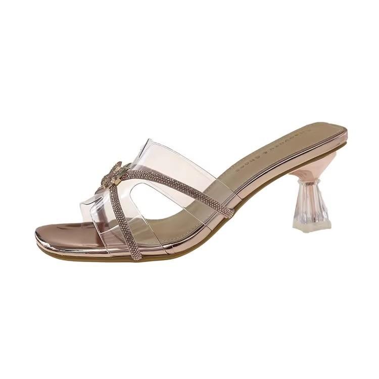 Square head slippers women's new summer outer wear crystal and transparent rhinestones with skirt leisurely sandals