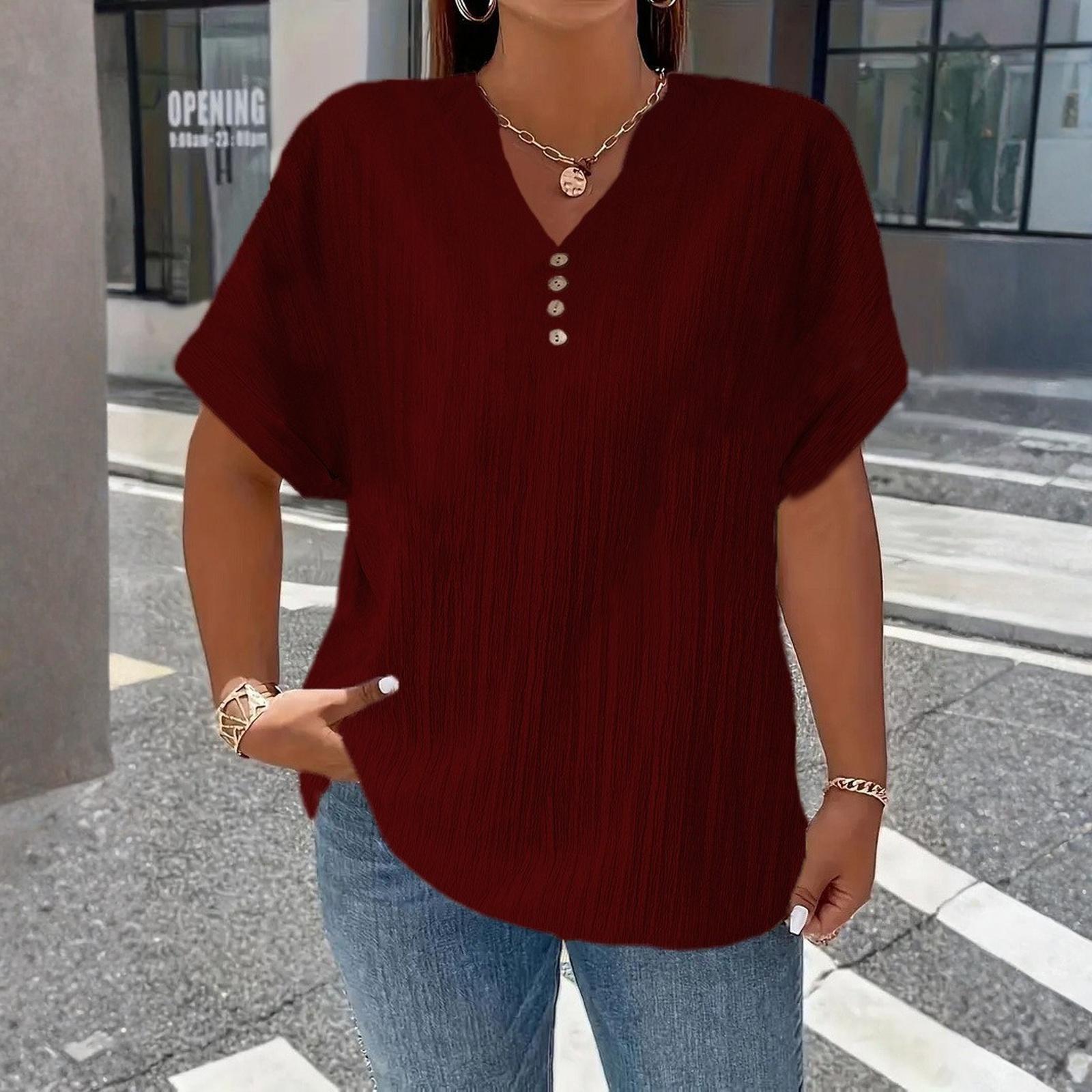 

Женская Модная Футболка Топ Большого Размера Цветная с V-образным вырезом Свободная с Коротким Рукавом XL винный