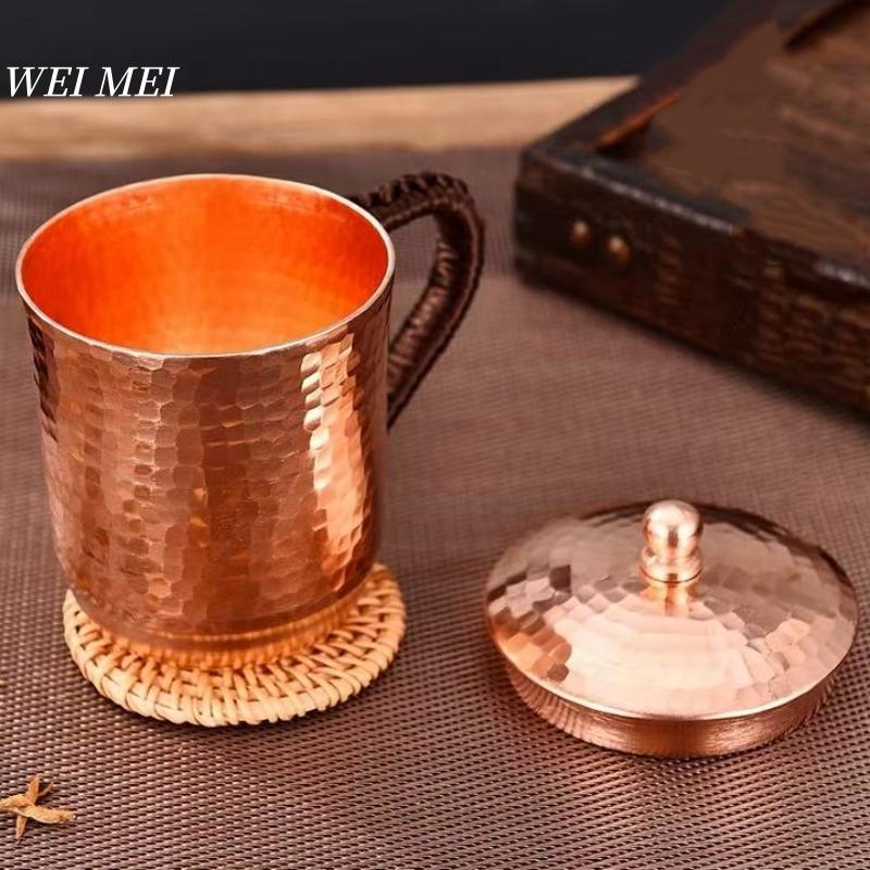 Handcrafted Vintage Pure Copper Coffee Cup,With Lid Juice Breakfast Mug,Woven Handle Hammer Texture Home 550Ml Tea Cup Tableware