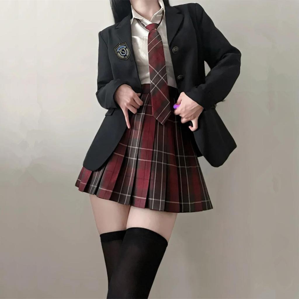[Sivrusn] Uniforme Blazer Gonna Pieghettata Cravatta a Quadri Spilla Set Uniforme Scolastica Finta Uniforme JK Ragazza del Liceo Cosplay