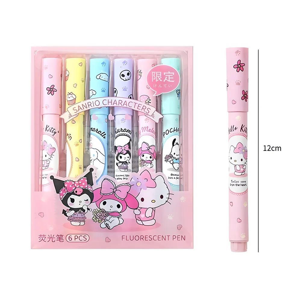 6Pcs/Box Highlighter Pen Set Kawaii Kuromi Melody Cinnamoroll Art Fluorescent Markers Pens School Stationery For Kids