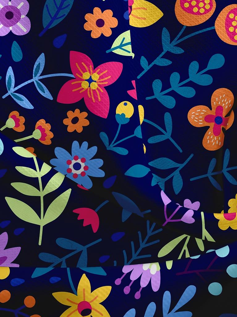 Navy Multi-Color Women's Tee - Vibrant Floral Pattern Graphic, Cheerful Botanical Print Design for Casual Daily Wear