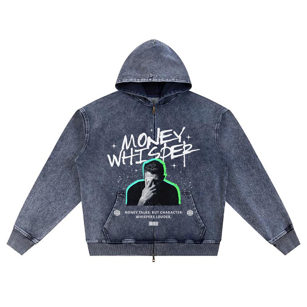 DTG print Knitted Denim Zip-Up Hoodie Money Whisper Brother Print Zipper Hoodies XL 6296₽