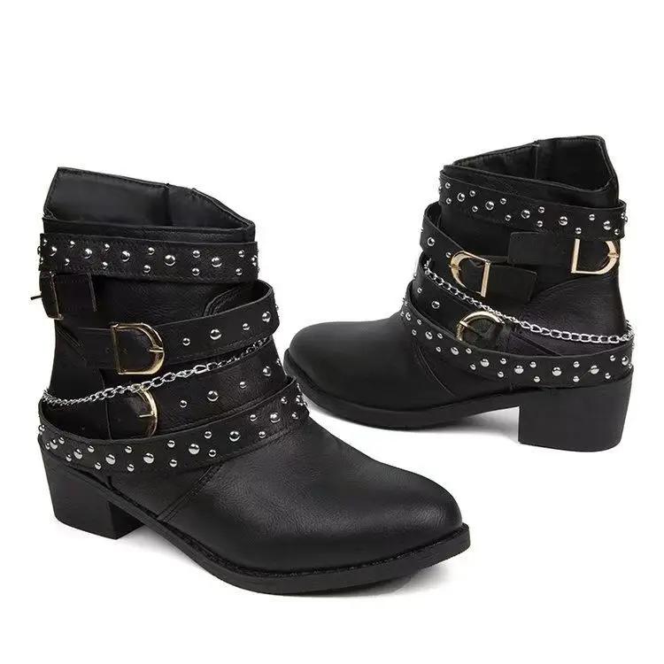 Ankle Boots for Women Belt Buckle Low Heel Short Boots Women's Shoes Retro Style Rivet Pointed Women's Boots Trendy Ladies Shoe